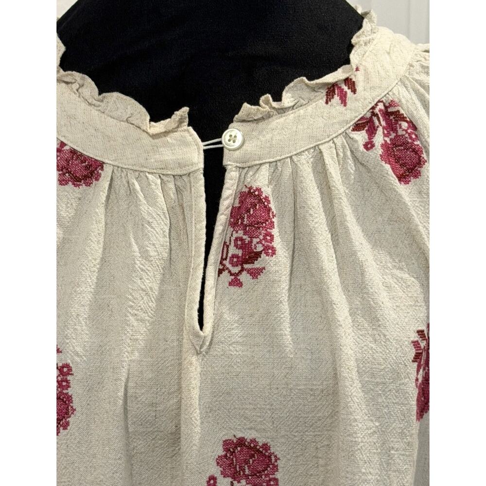Solitaire Women’s Linen Blend Peasant Blouse SZ 2X Boho Floral Stitch Ruffle - Picture 8 of 14